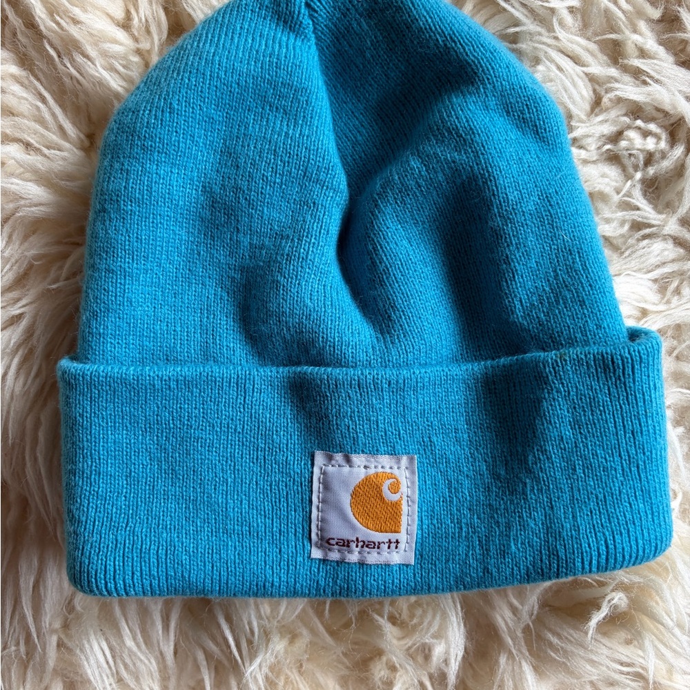Carhartt Beanie Hat Youth One Size Turquoise Teal Blue Cuffed Logo Perfect